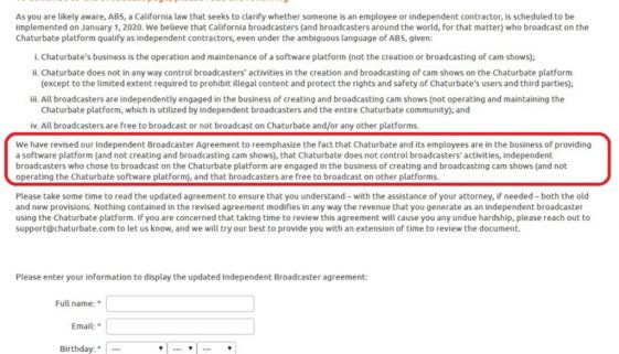 Chaturbate Updates Independent Broadcaster Agreement for AB5